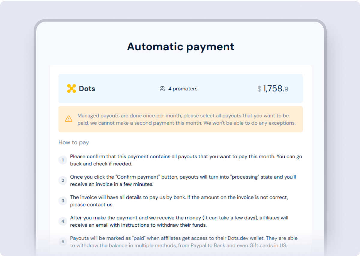 Managed autopayouts via Dots