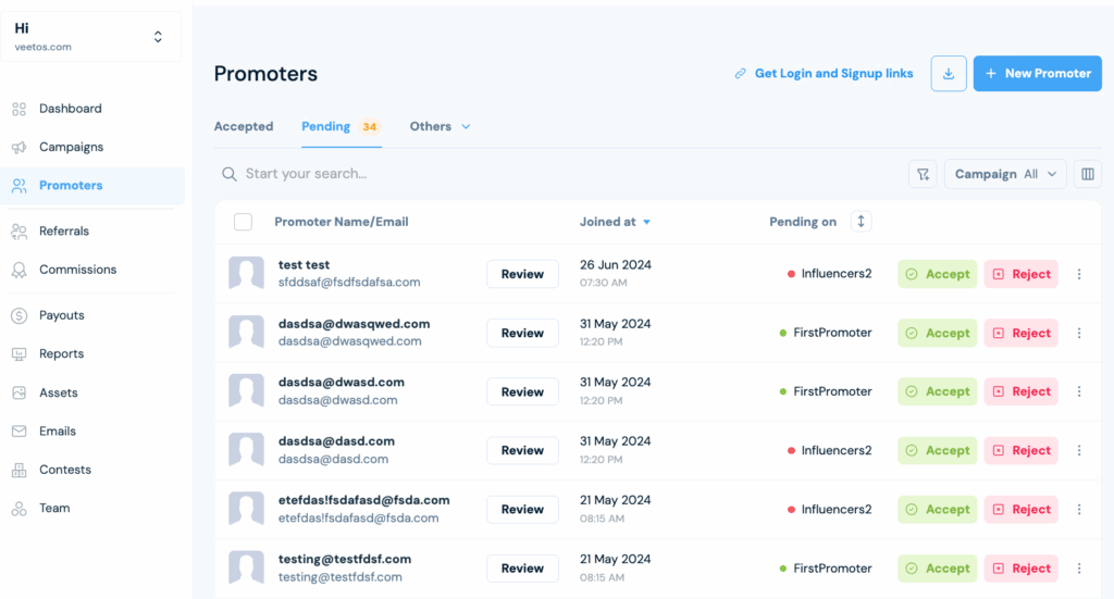 Review applications in the approval queue FirstPromoter