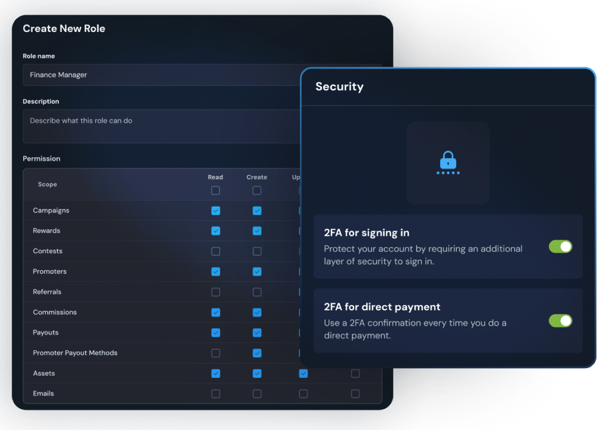 Role permissions and 2FA security settings for a FirstPromoter team