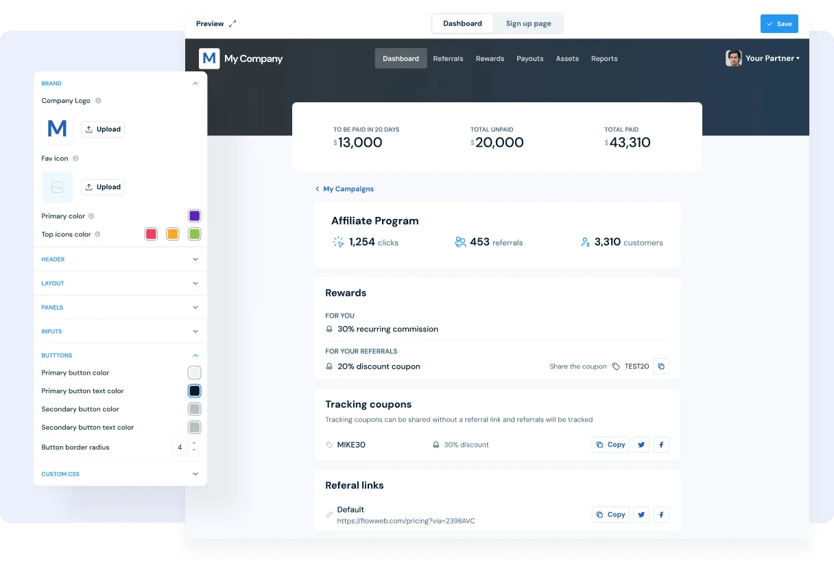 Theme editor with logo, colors and button settings next to a live preview of the affiliate dashboard