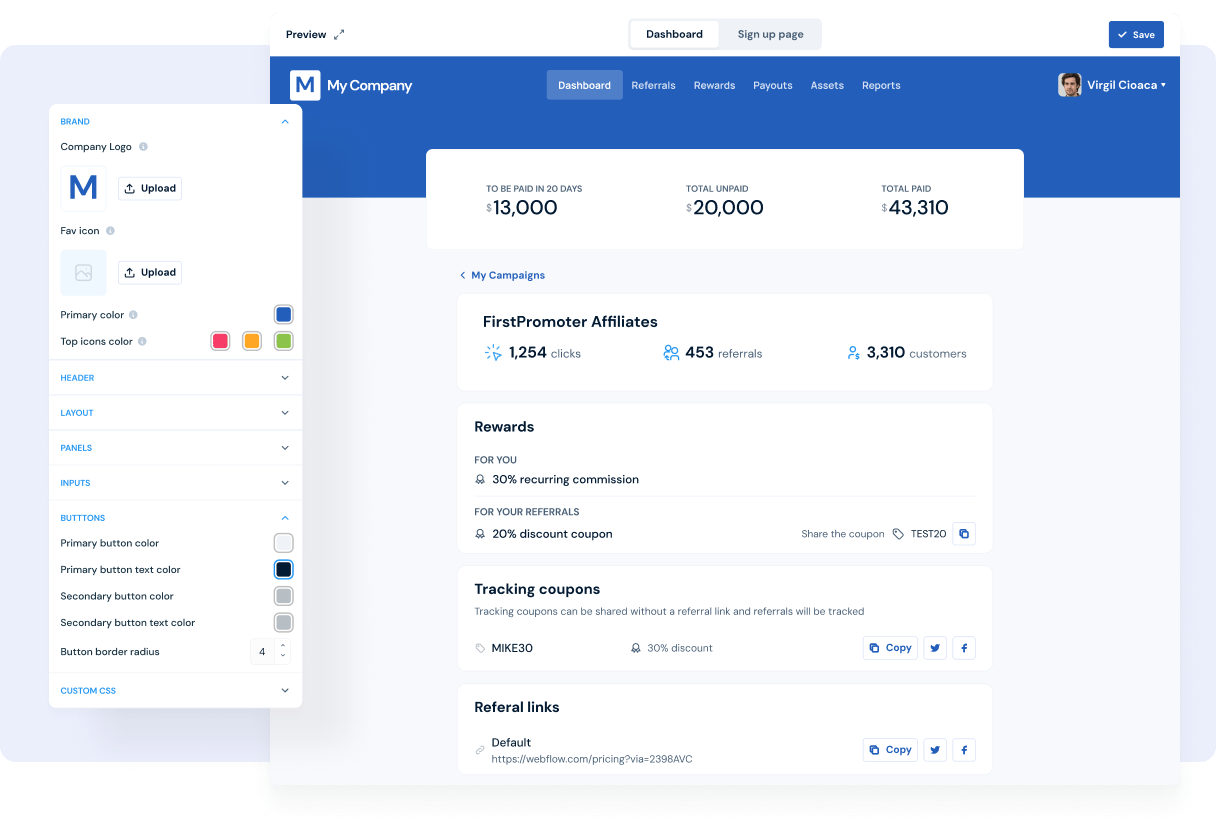 Affiliate dashboard preview with the rewards, coupons and referral links panels a campaign shows
