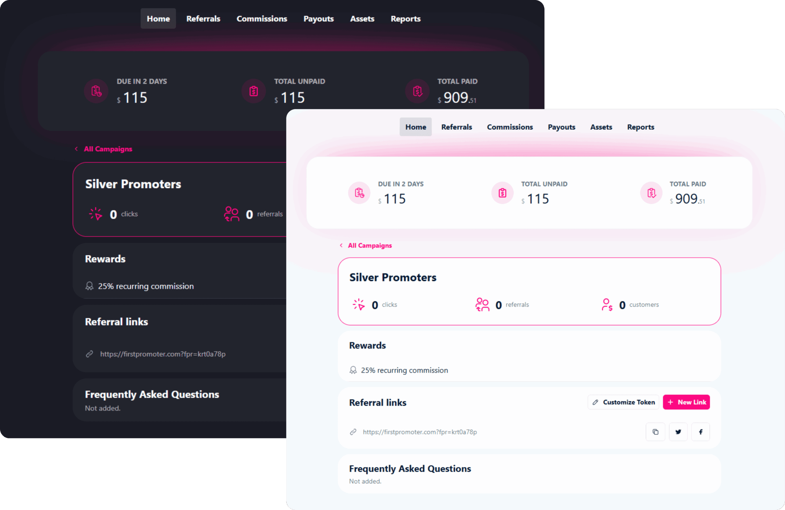 Affiliate dashboard home showing payout totals, clicks, referrals and referral links