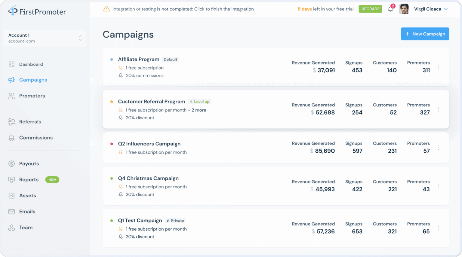 Campaigns overview in FirstPromoter