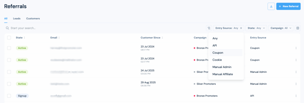 referral list with source